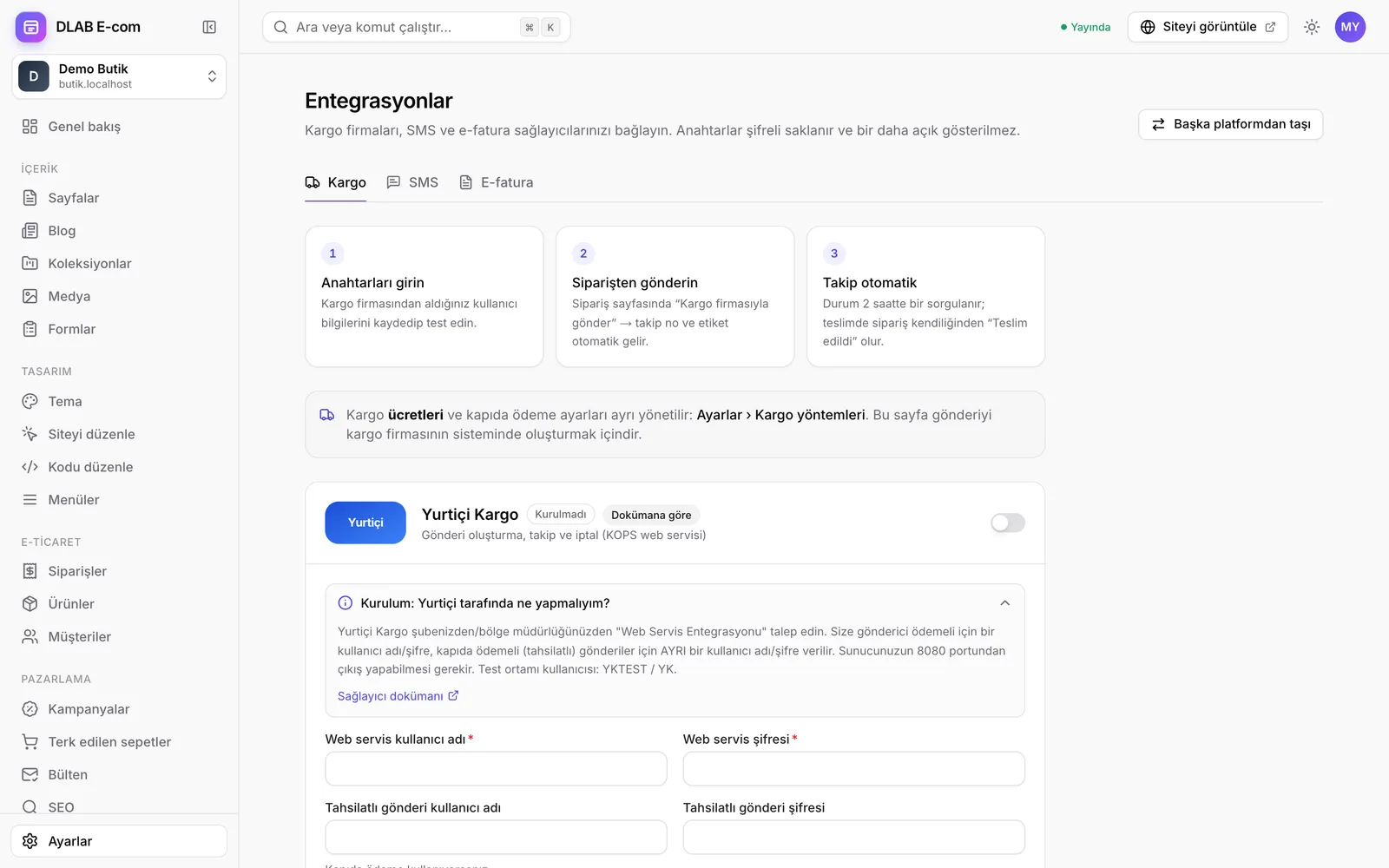 Entegrasyonlar ekranı: kargo, SMS ve e-fatura sağlayıcı kartları