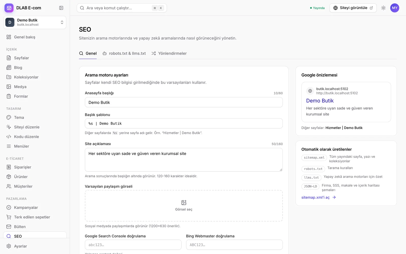 SEO ayarları ekranı