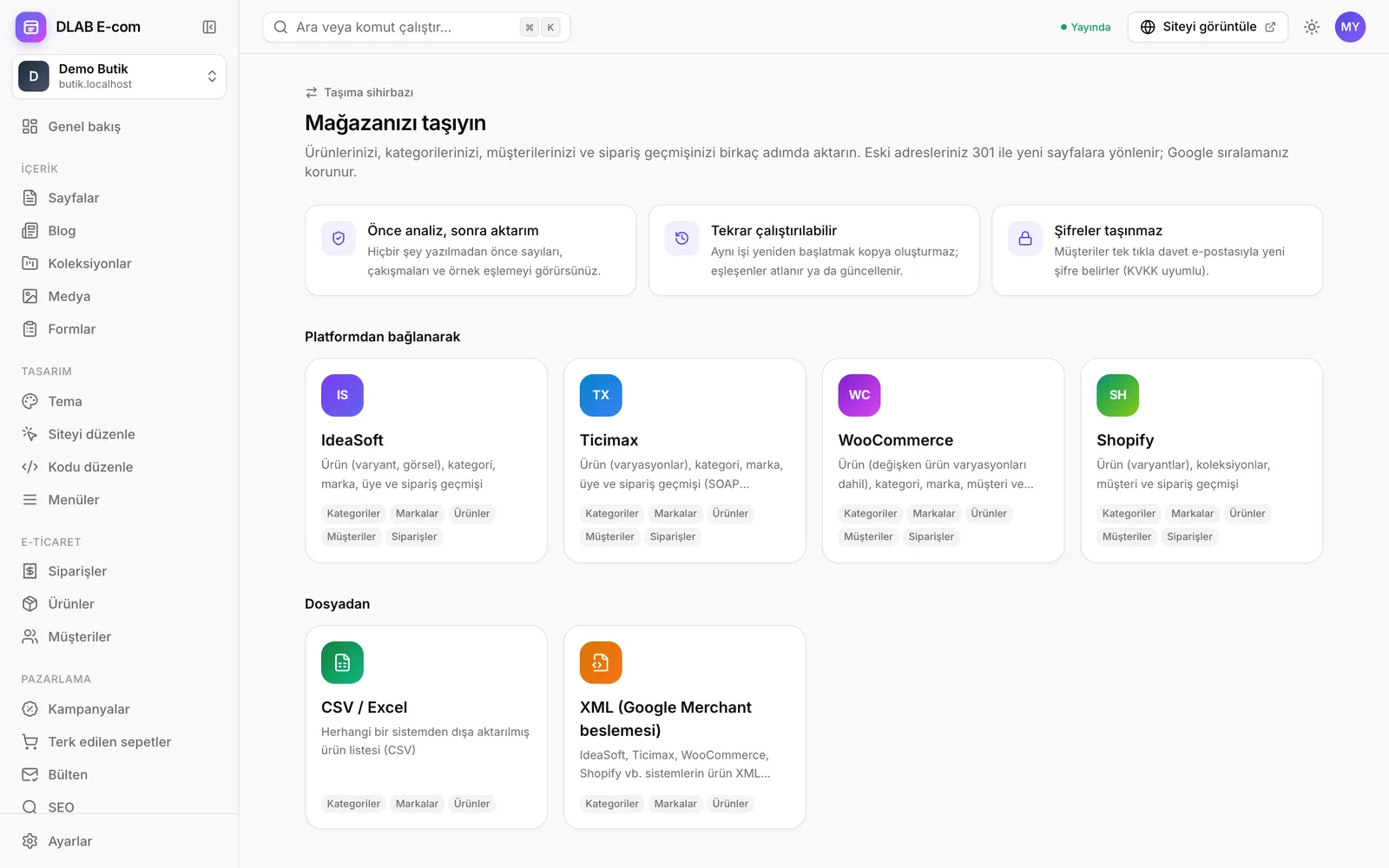 Taşıma sihirbazı: kaynak platform seçimi