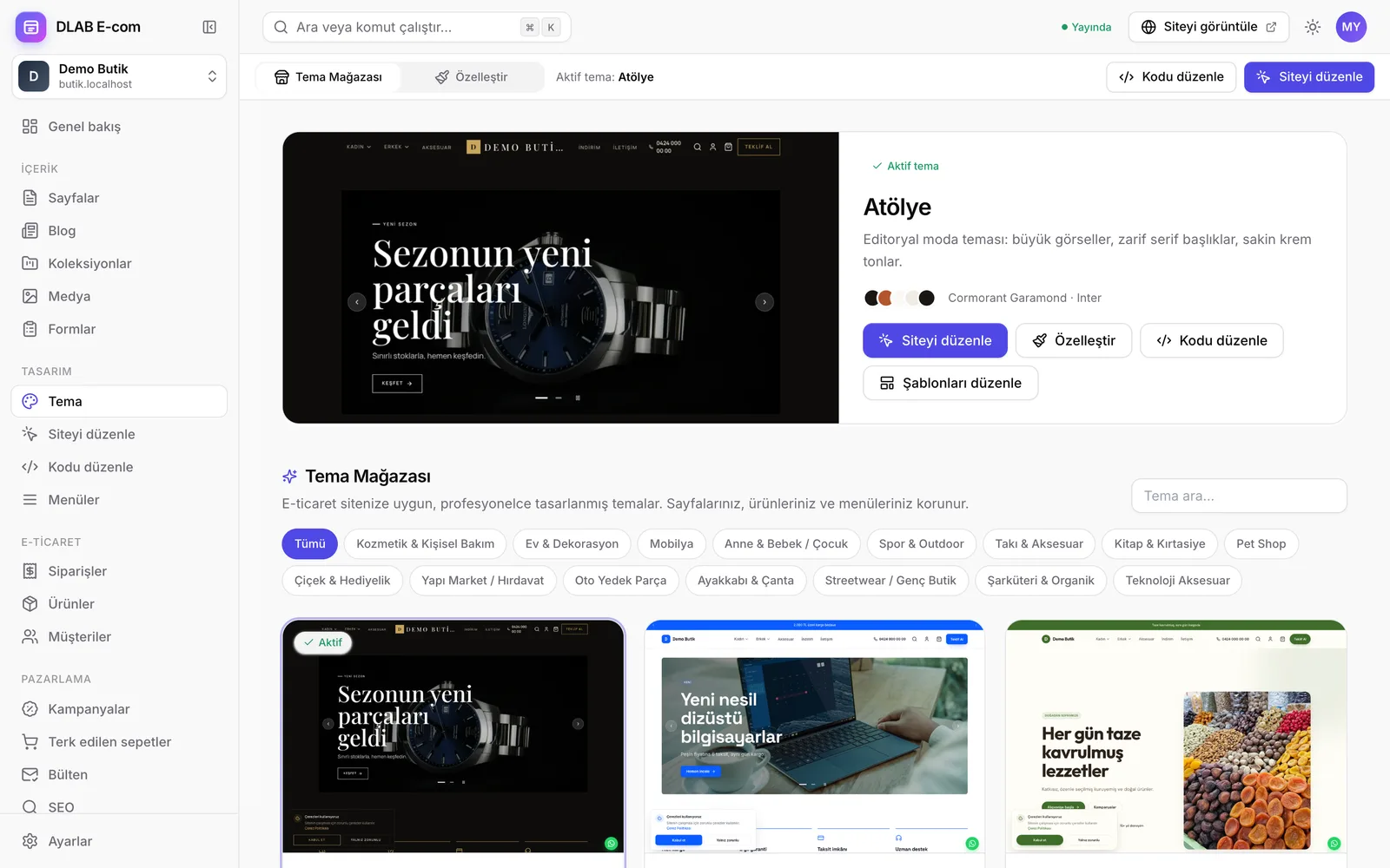Tema ekranı: aktif tema ve sektöre göre filtrelenen tema mağazası